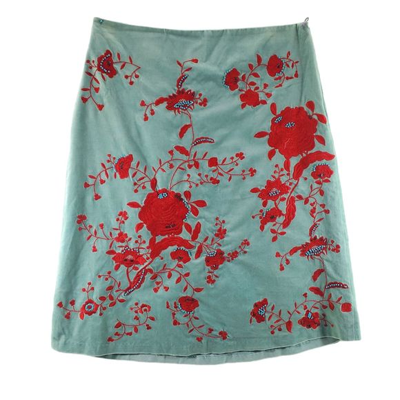 Boden Dresses & Skirts - 12R Boden Velvet Embroidered Beaded Skirt Knee Length Aqua Red 31 Waist Velour